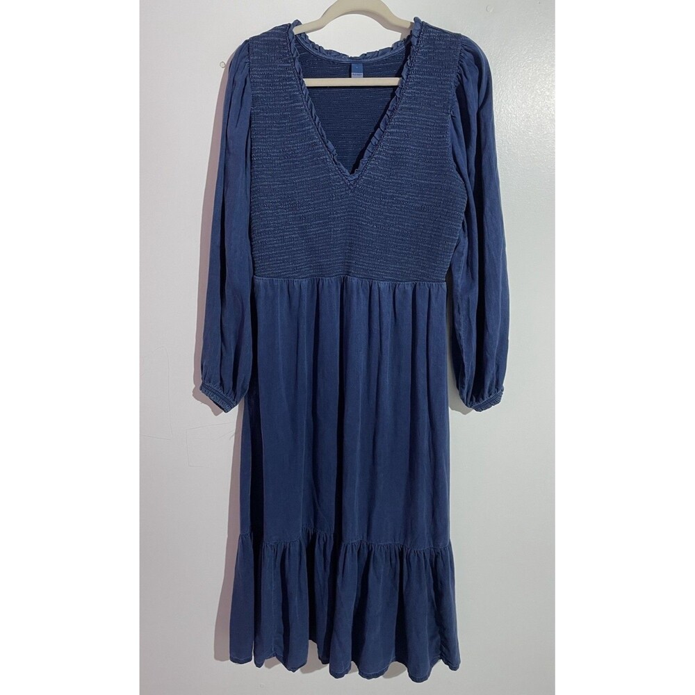 Old Navy Denim Dress L Indigo Cottagecore Lyocell Country Smocked‎ Boho Festival
